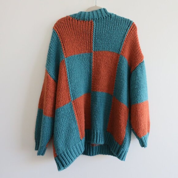 DRESSED IN LALA Rue Oversized Checkered Knit Sweater in Rust Blue - Size S/M - Picture 9 of 13